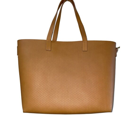 New Mark & Graham Large Perforated Tan Leather Tote Bag With Red Interior & Adju - Picture 2 of 9